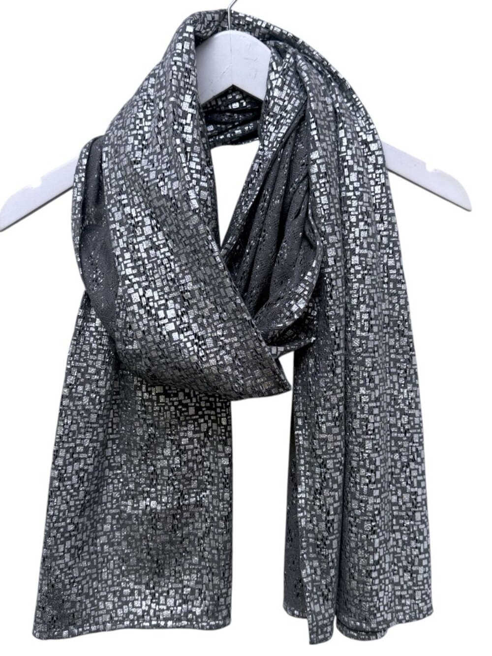 CHICO'S Shawl Scarf Silver Metallic Geometric Cotton Blend Wrap 20 x 80 Oblong